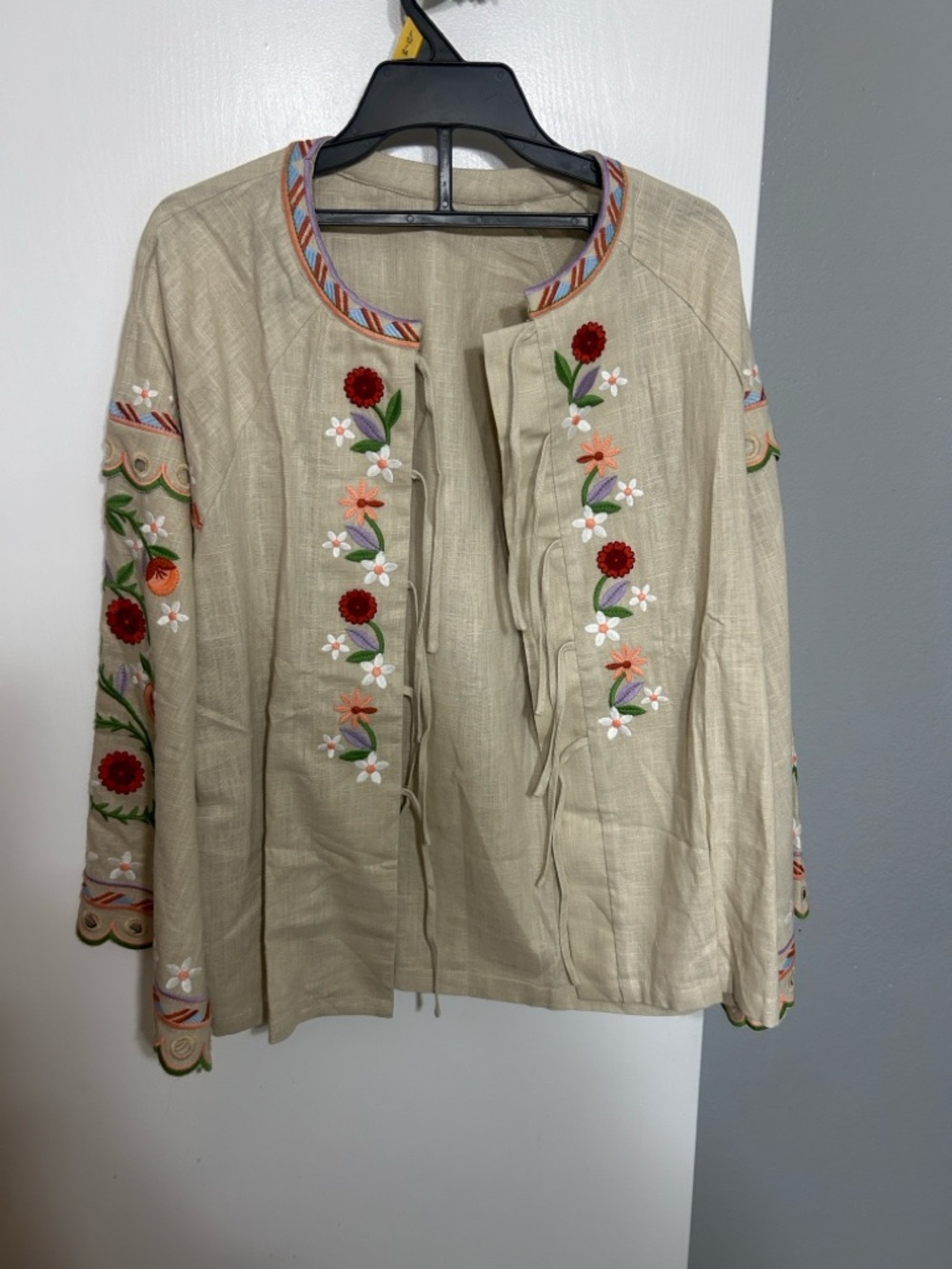 Beige Embroidered Floral Tie-Front Jacket